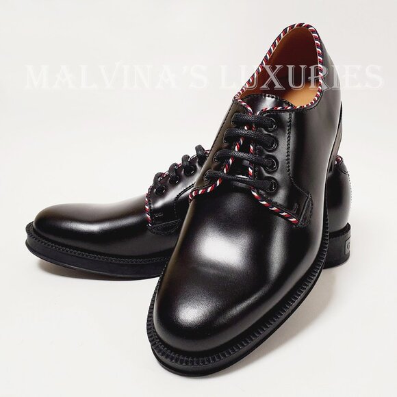 GUCCI SHOES MENS BLACK LEATHER SYLVIE PIPING LACE UP OXFORDS LOAFERS  7 / US 7.5 main image 9